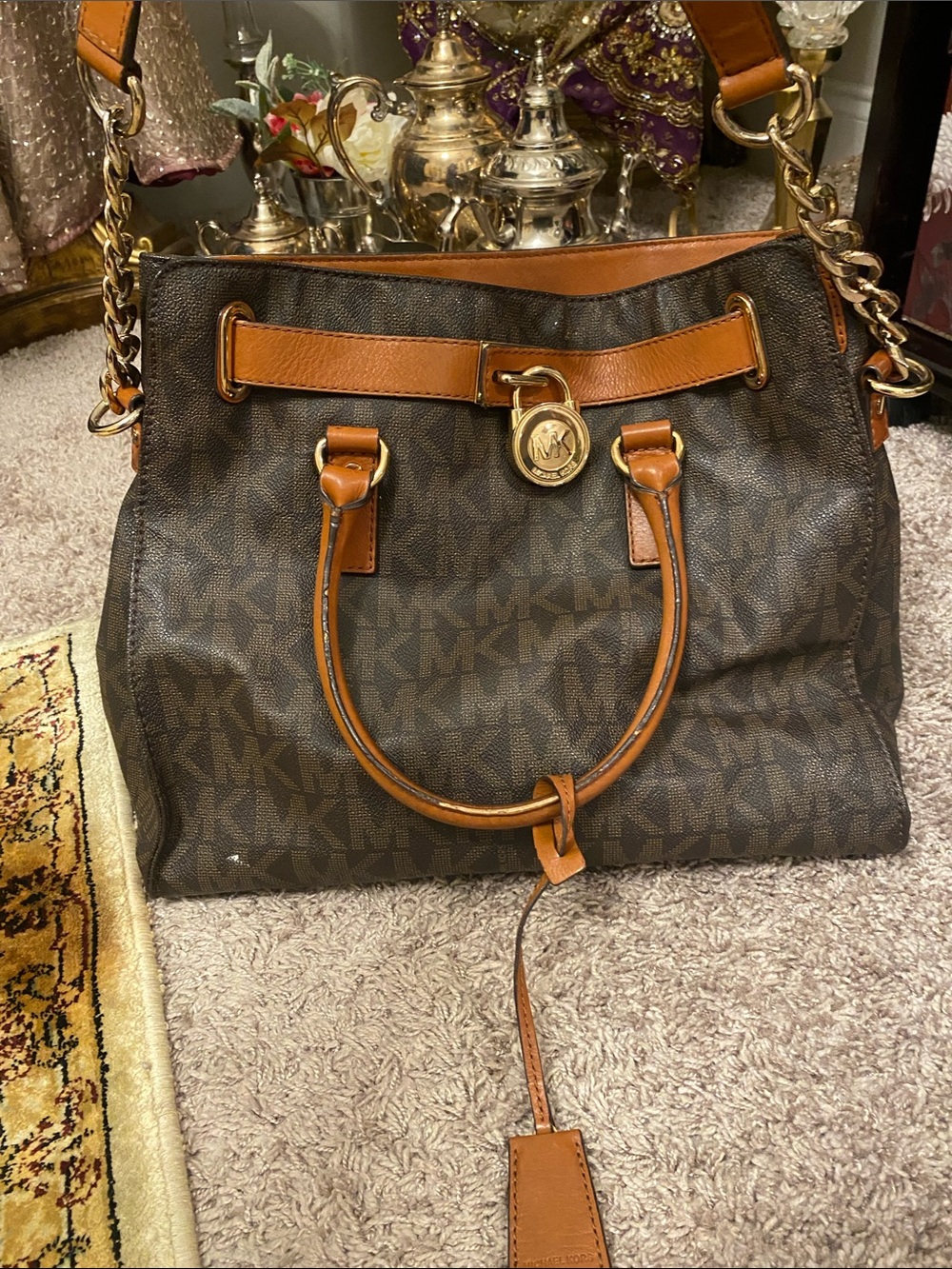 Michael Kors Brown and Tan Monogram Tote with Gold Hardware large Hamilton